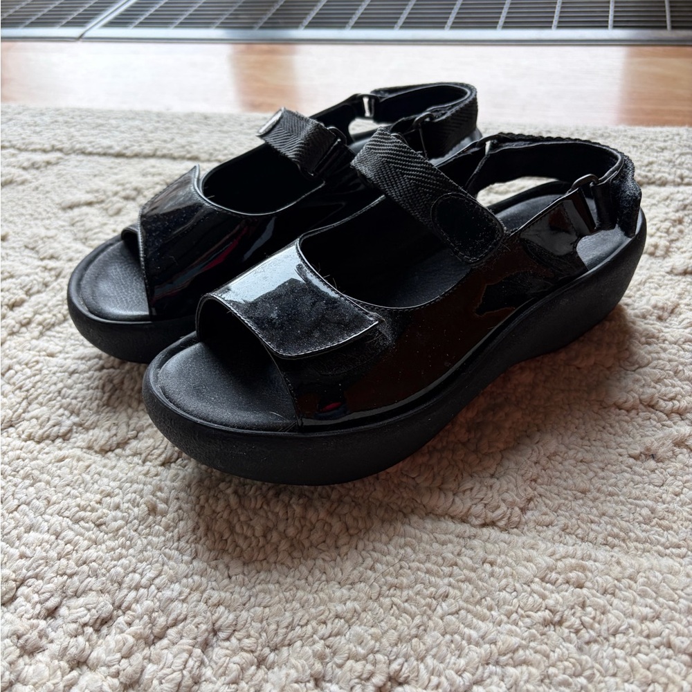 Wolky Black Patent Platform Sandals with Velcro Straps